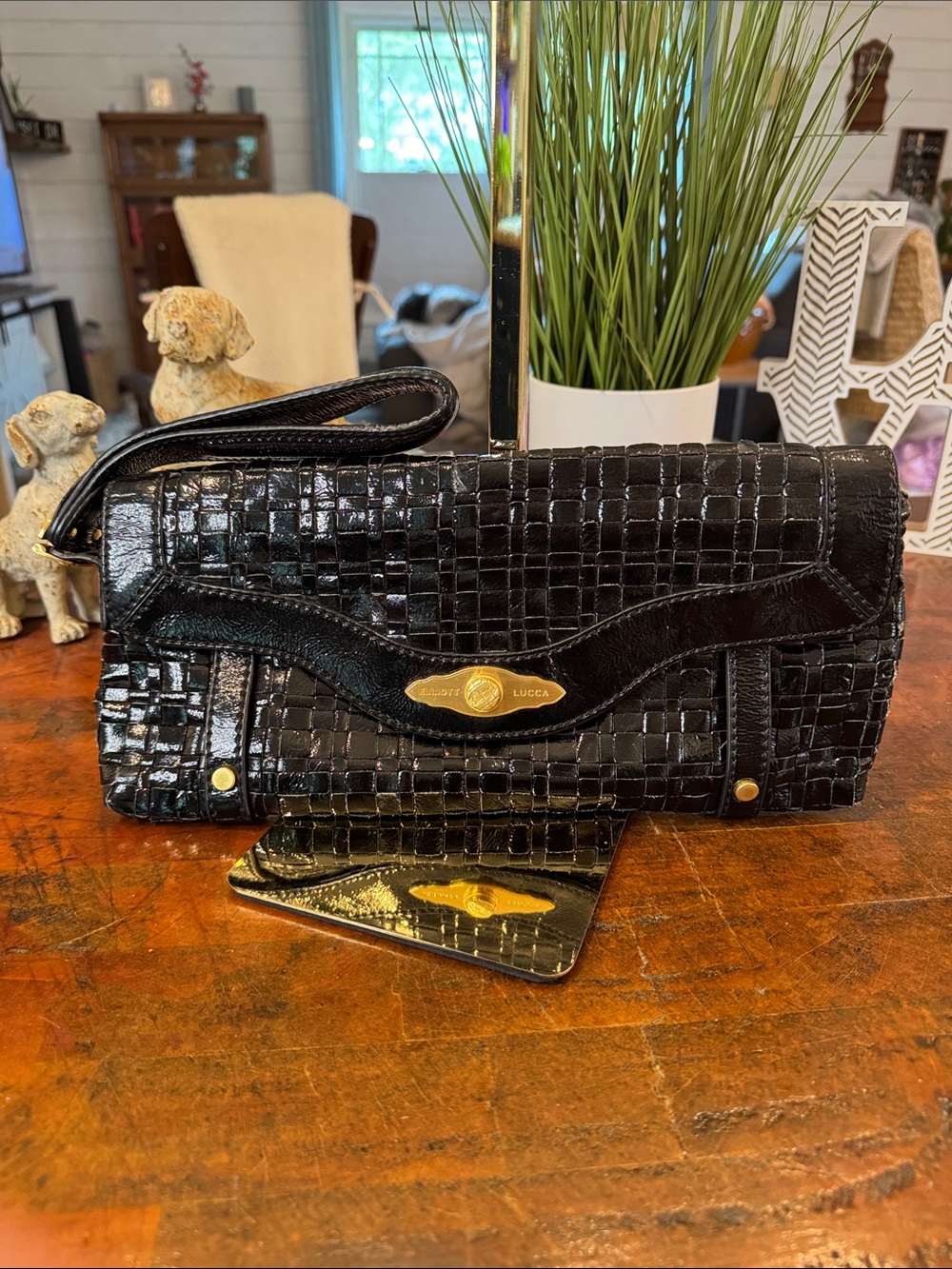 Elliott Lucca Black Croc-Embossed Wristlet with Gold Plate